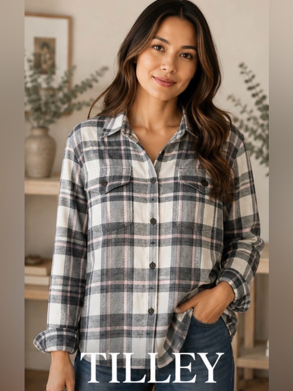 Tilley Grey Pink Plaid Flannel Button Down Shirt